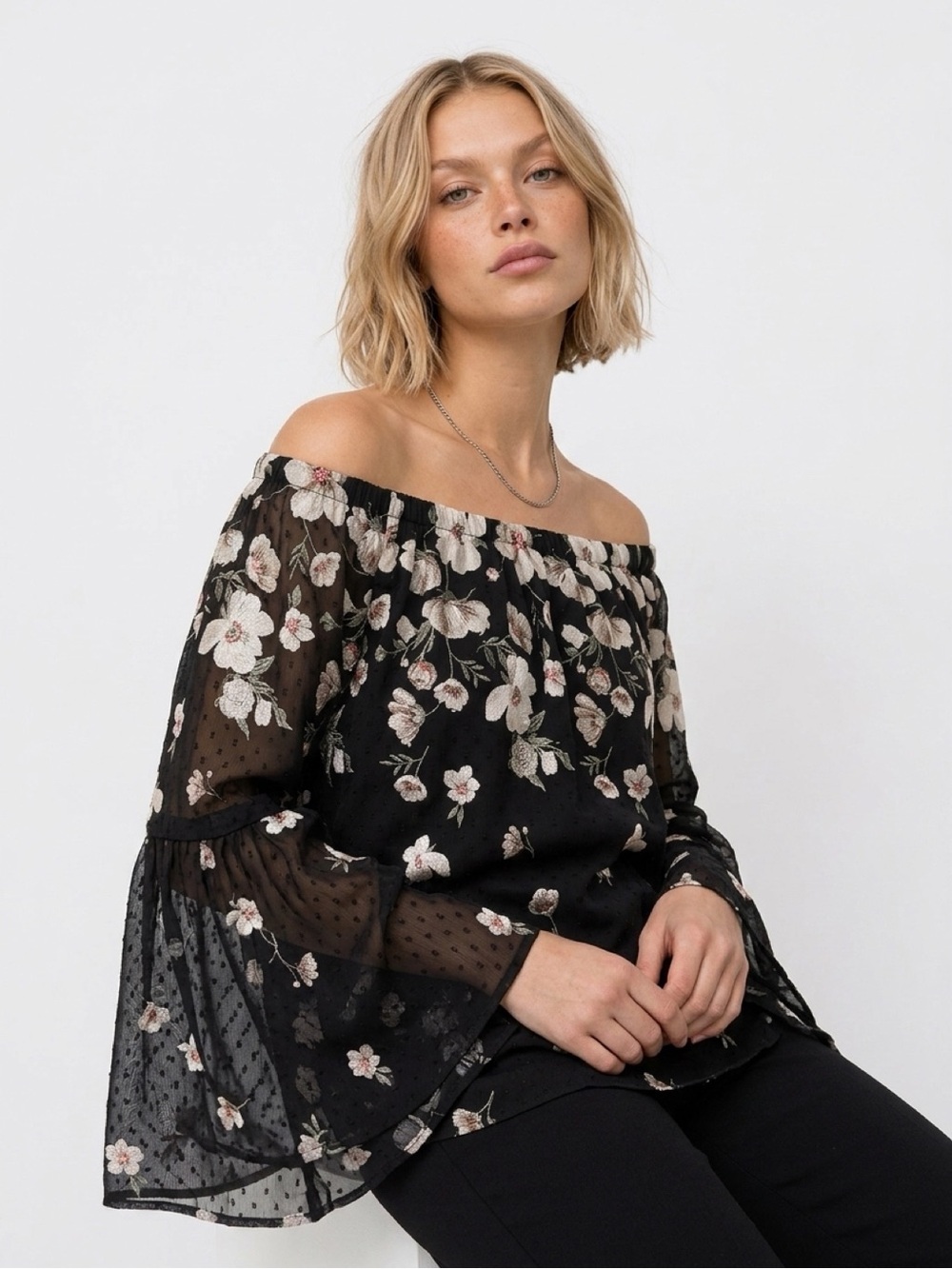 Black Floral Off-Shoulder Blouse with Bell Sleeves